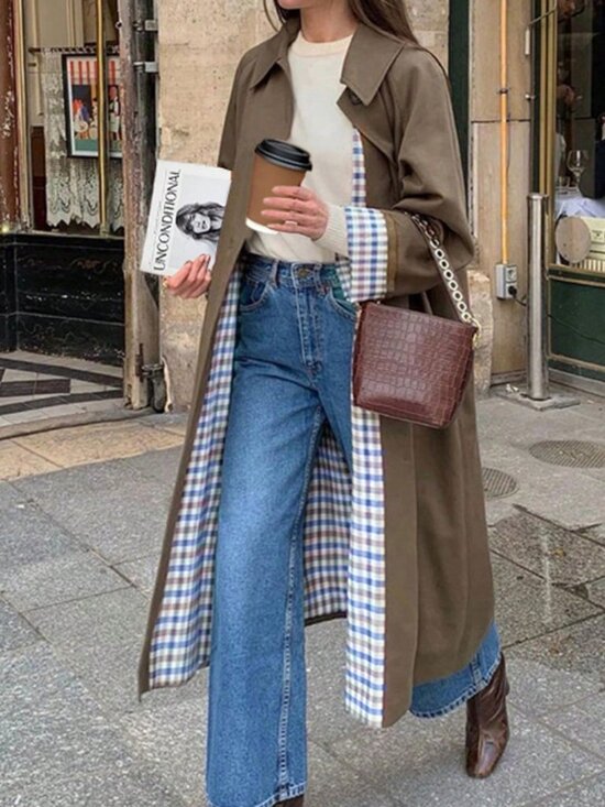 Jackets & Blazers - Army Green Casual Women's Plaid Button Loose Mid-Length Trench Coat